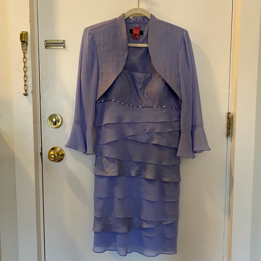 SL Fashion periwinkle/shimmer dress w/ removable sheer cropped jacket. Size 12.